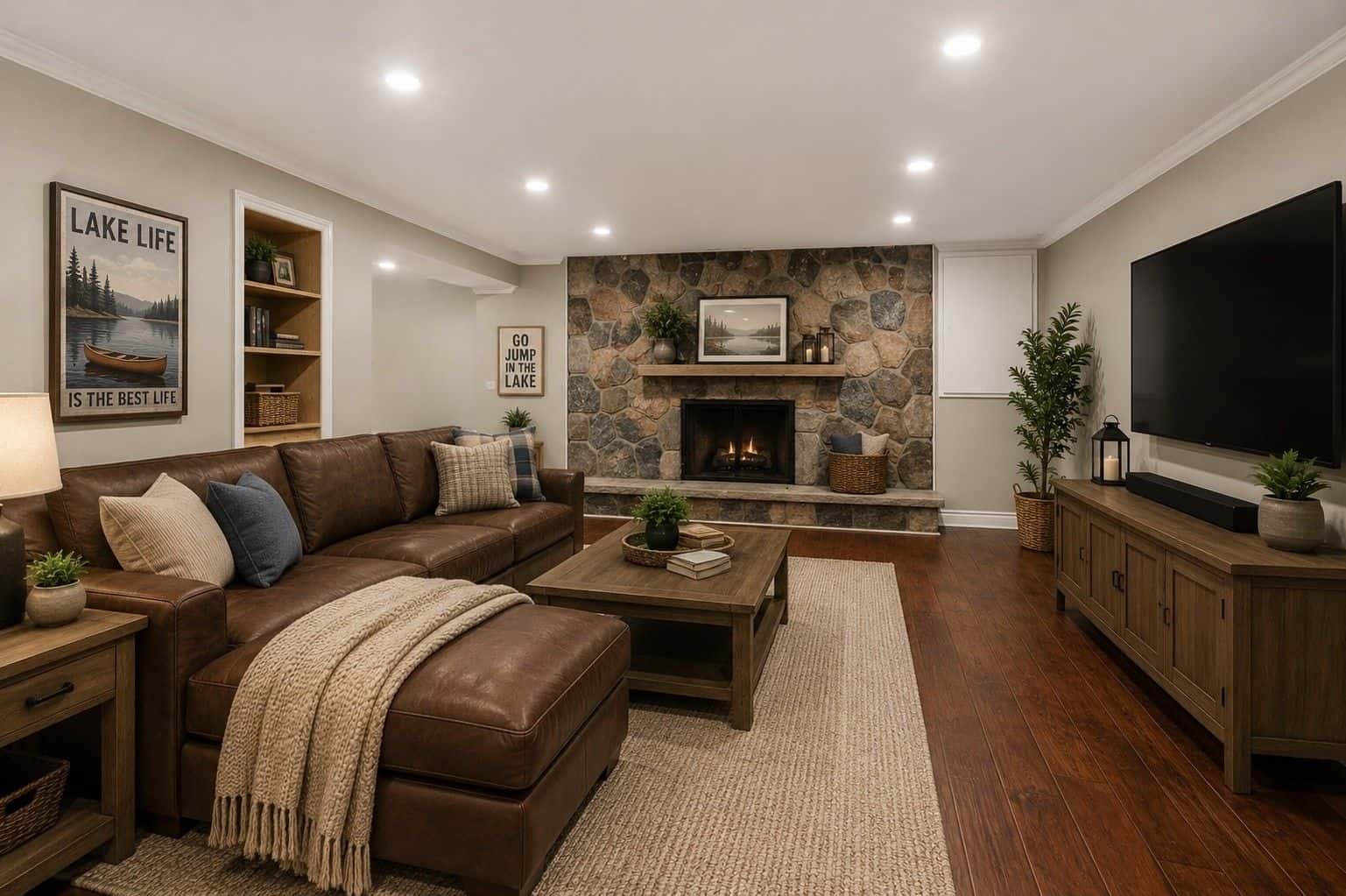 Basement rec room at 96 Bolland Crescent, South Ajax, virtually staged as a living room