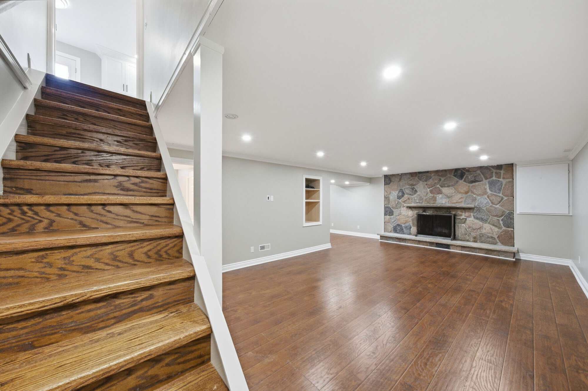 Basement stairs at 96 Bolland Crescent, South Ajax, leading down to the finished rec room