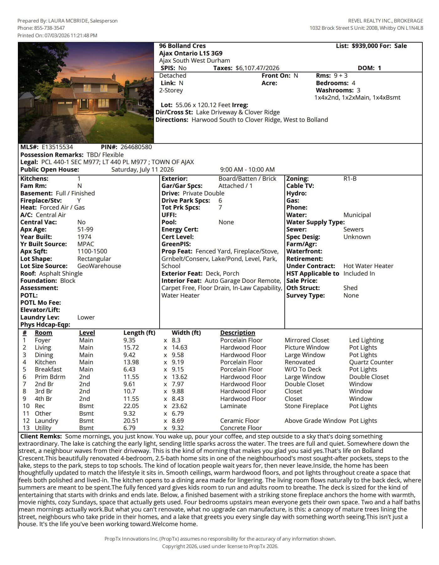 MLS listing sheet for 96 Bolland Crescent, South Ajax, a 4-bedroom detached home listed for $939,000 by Laura McBride, Ajax REALTOR® with Revel Realty