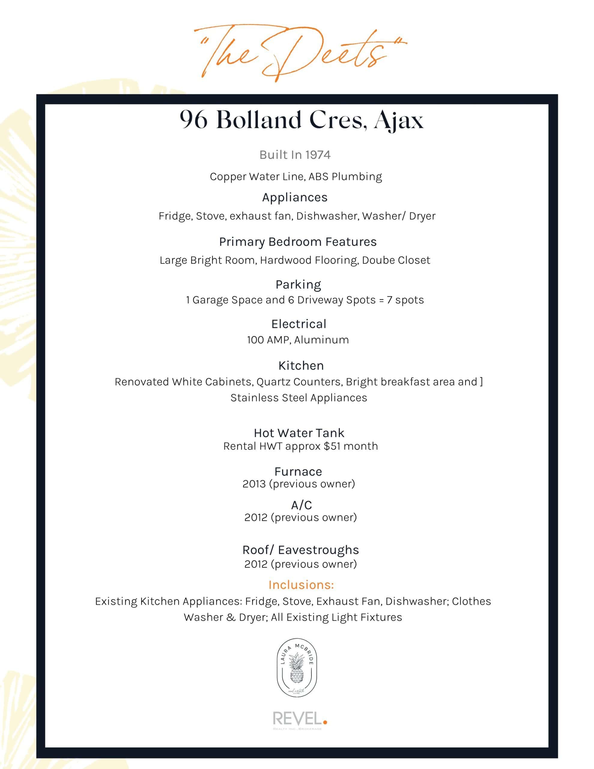 Property details sheet for 96 Bolland Crescent, South Ajax, from Laura McBride, Ajax REALTOR® with Revel Realty