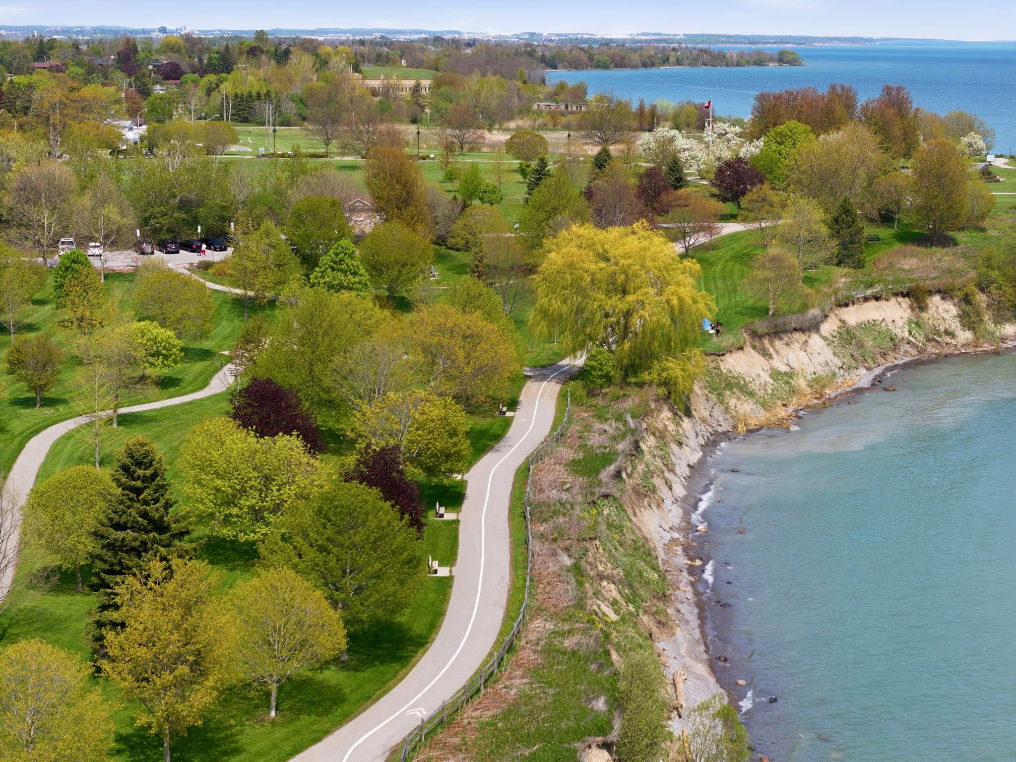 Aerial view of the trail along the Duffin's Bay shoreline bluff, South Ajax, near Duffins Creek