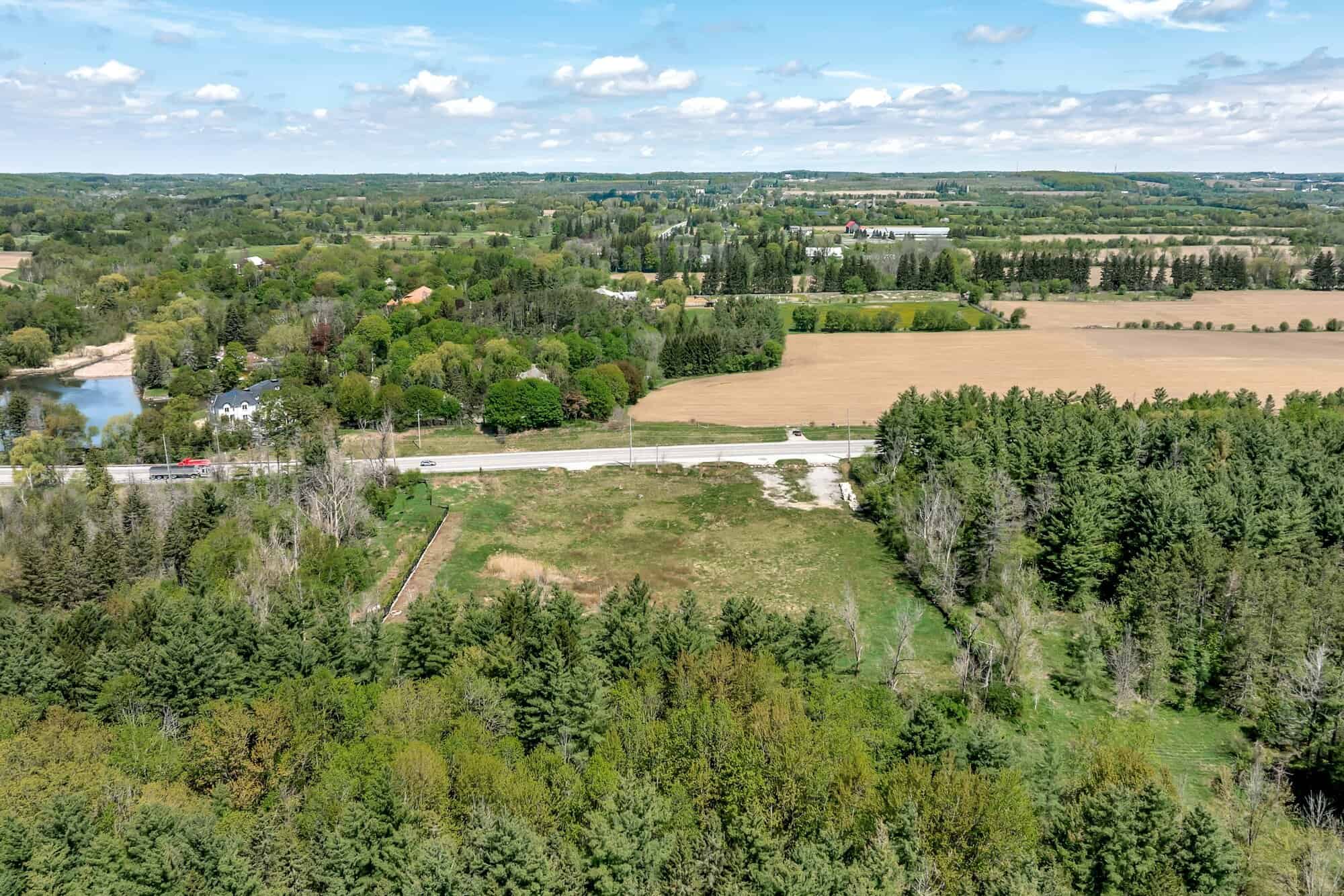 Aerial view of 3187 Stouffville Road from the north, showing the parcel along the Stouffville Road corridor