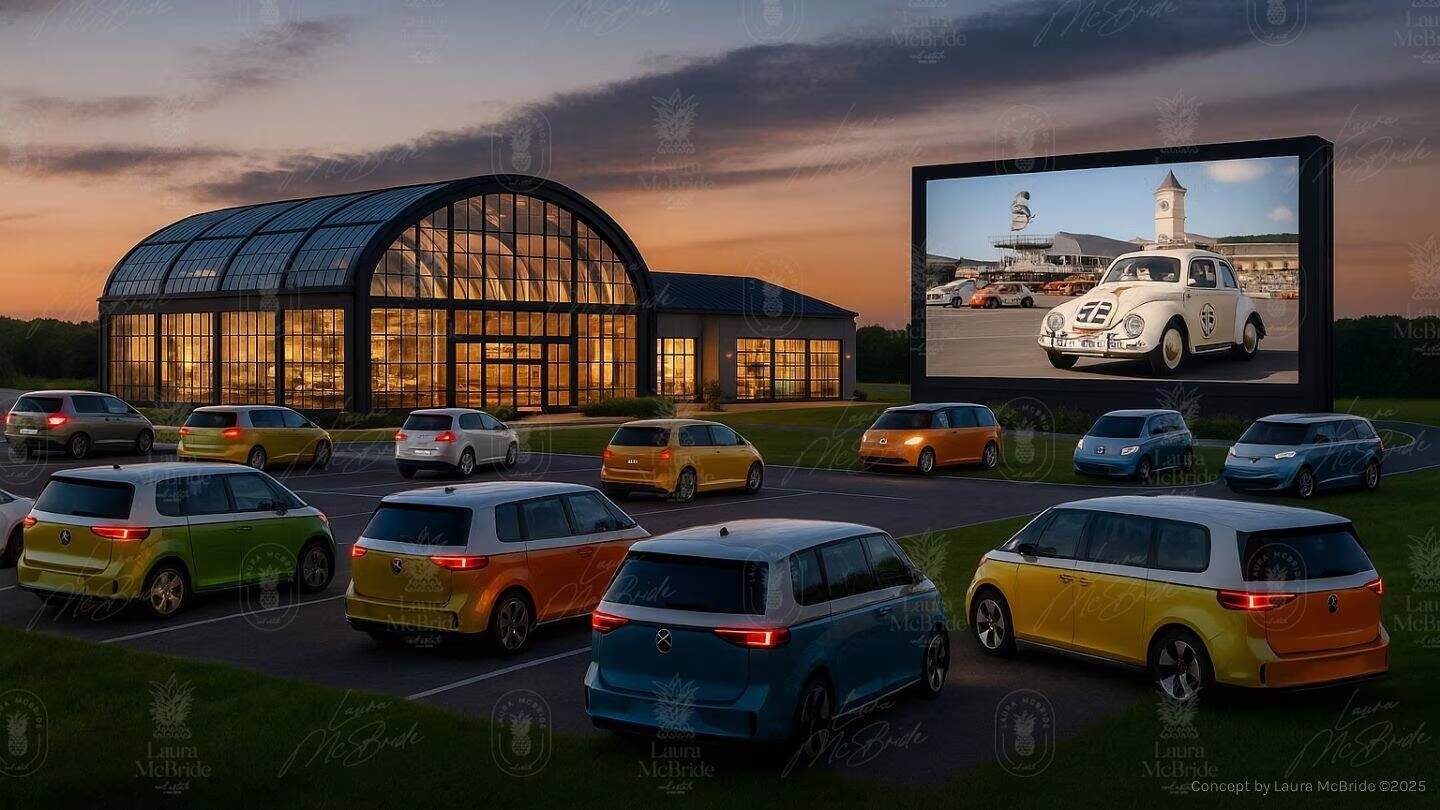 Illustrative concept rendering, not built: drive-in style EV showcase and event space concept for 3187 Stouffville Road