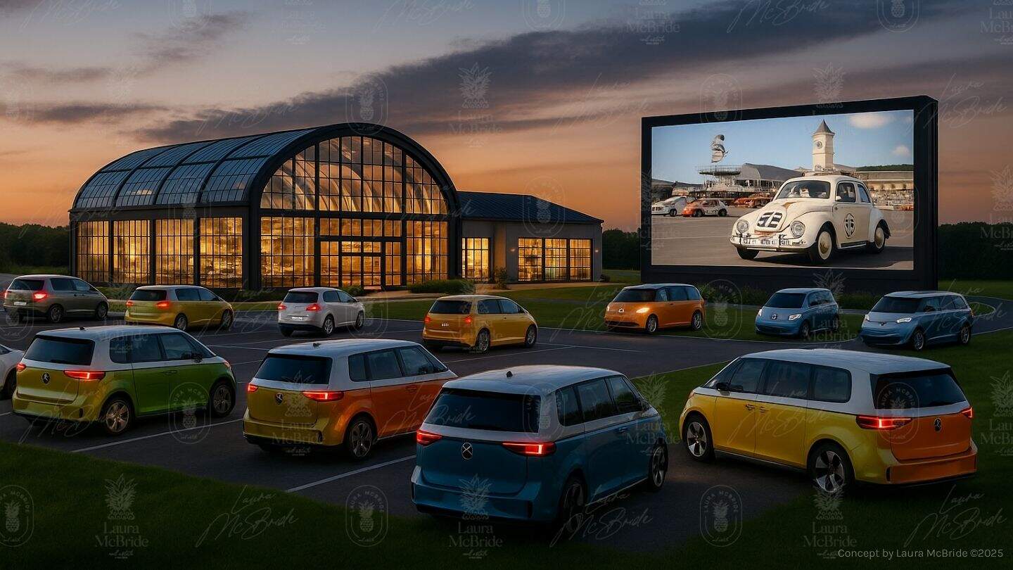 Illustrative concept rendering, not built: drive-in style EV showcase and event space concept for 3187 Stouffville Road