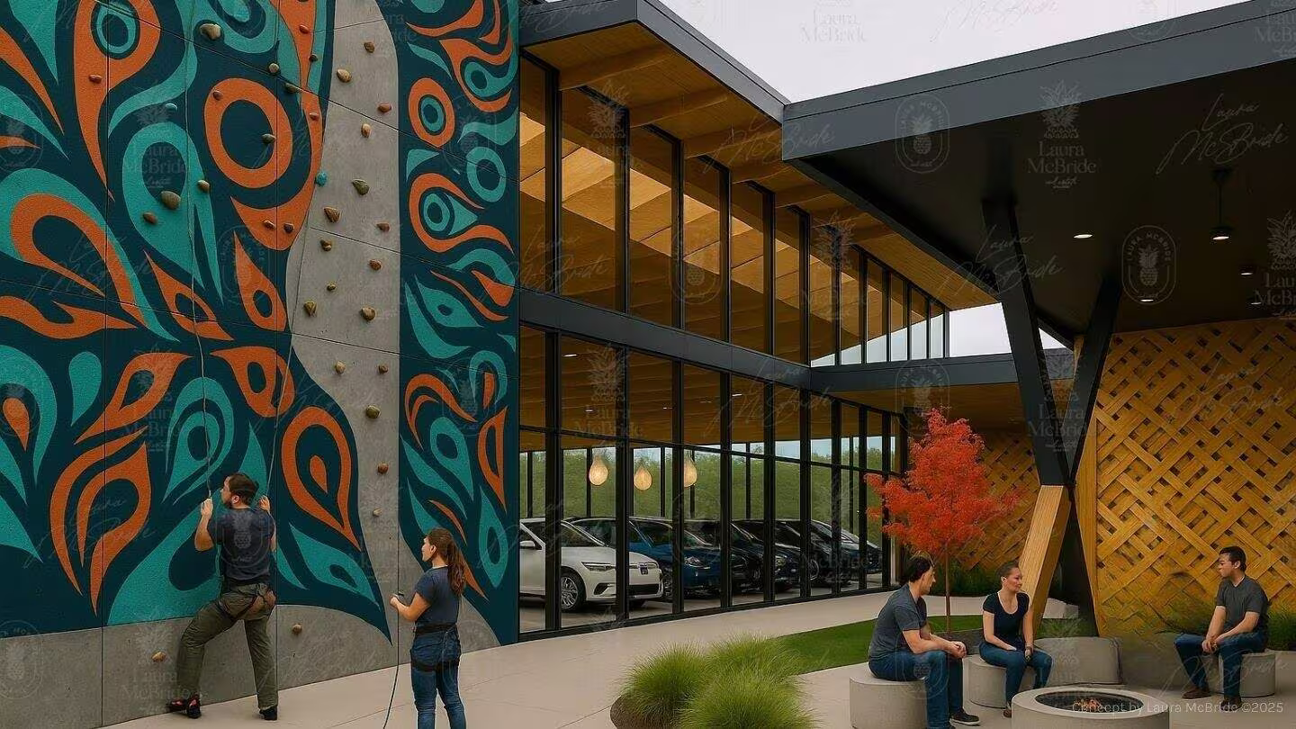 Illustrative concept rendering, not built: experiential EV brand lounge with climbing wall mural concept for 3187 Stouffville Road