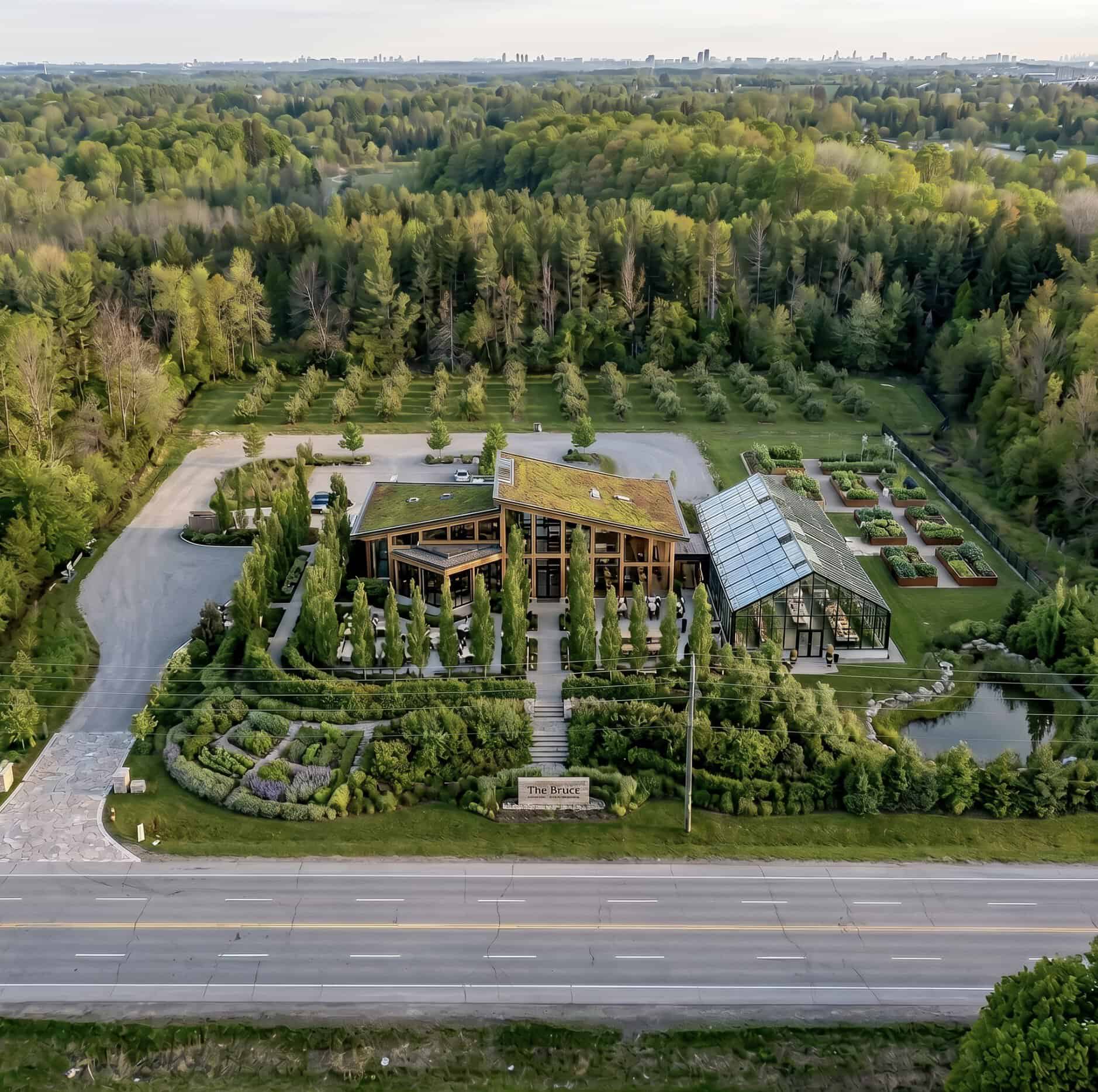 Illustrative concept rendering, not built: aerial view of a farm-to-table agri-tourism destination proposed for 3187 Stouffville Road