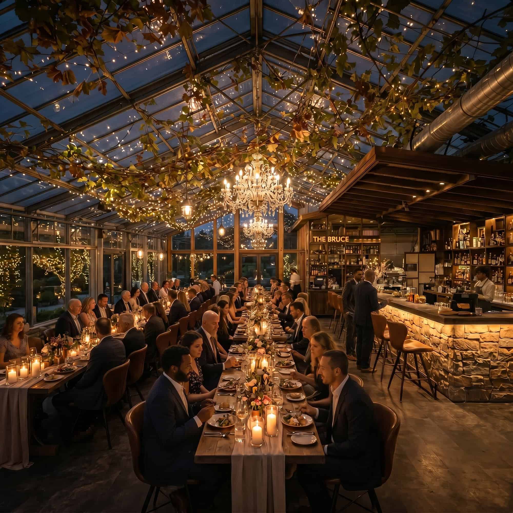 Illustrative concept rendering, not built: string-lit farm-to-table event dining space concept for 3187 Stouffville Road