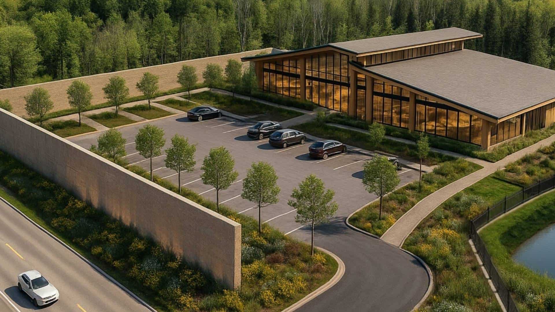 Illustrative concept rendering, not built: farm-to-table pavilion and greenhouse-inspired gathering space concept for 3187 Stouffville Road