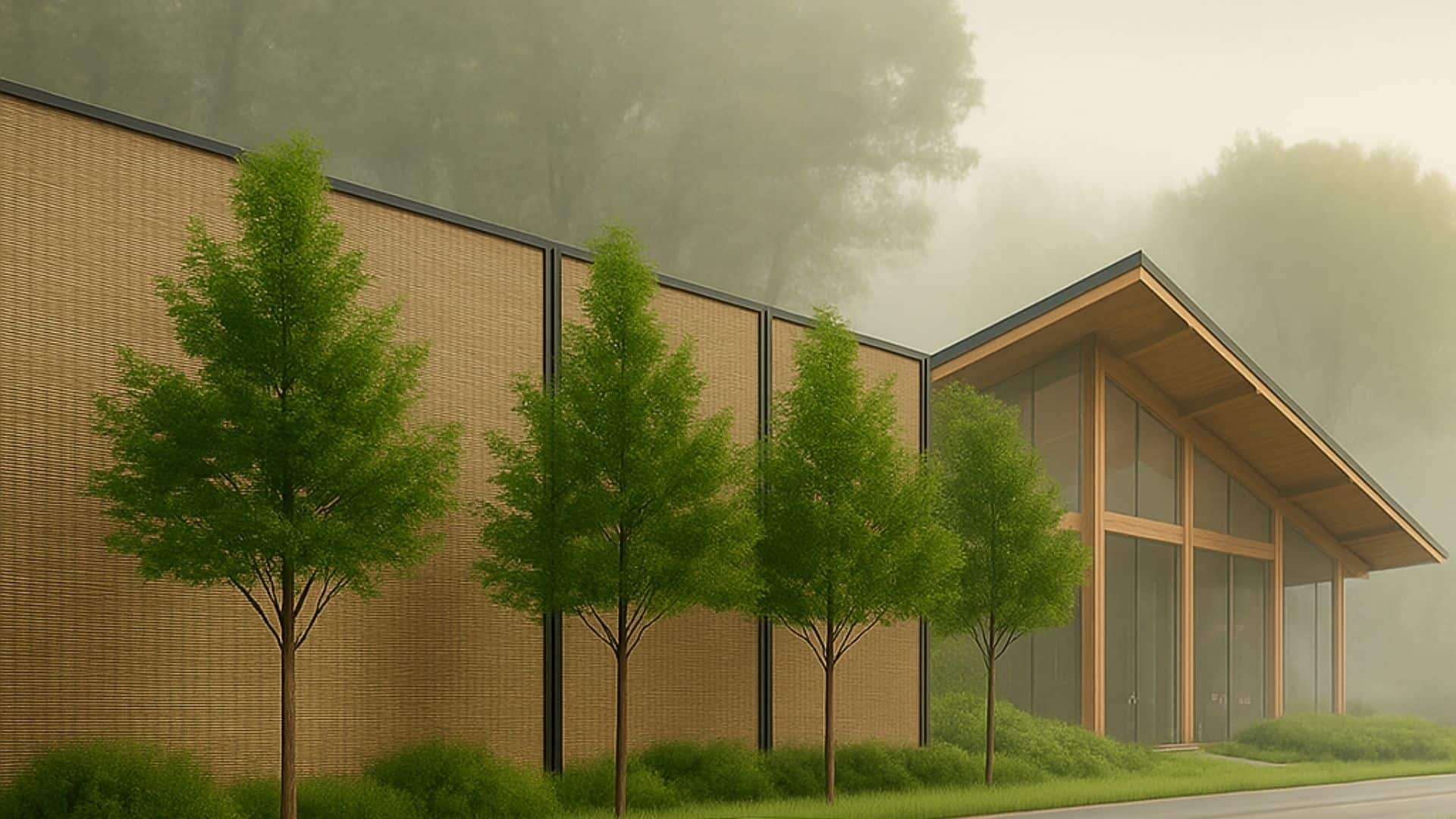 Illustrative concept rendering, not built: flagship brand headquarters building at dusk concept for 3187 Stouffville Road