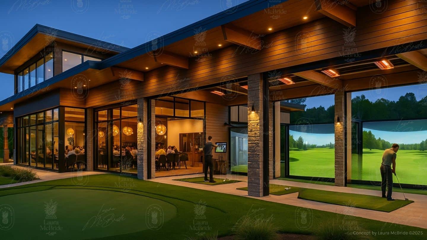 Illustrative concept rendering, not built: climate-controlled golf hitting bays concept for 3187 Stouffville Road
