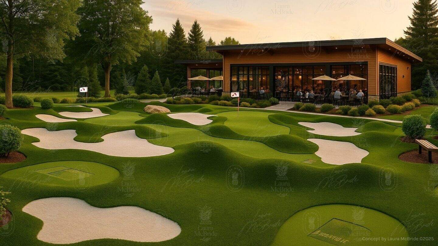 Illustrative concept rendering, not built: luxury miniature golf and putting course concept for 3187 Stouffville Road