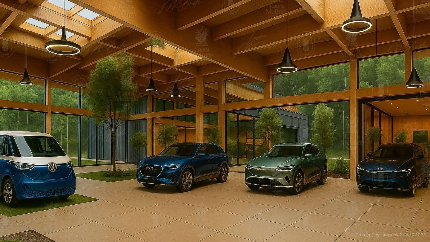 Illustrative concept rendering, not built: light-filled multi-brand EV showroom concept for 3187 Stouffville Road