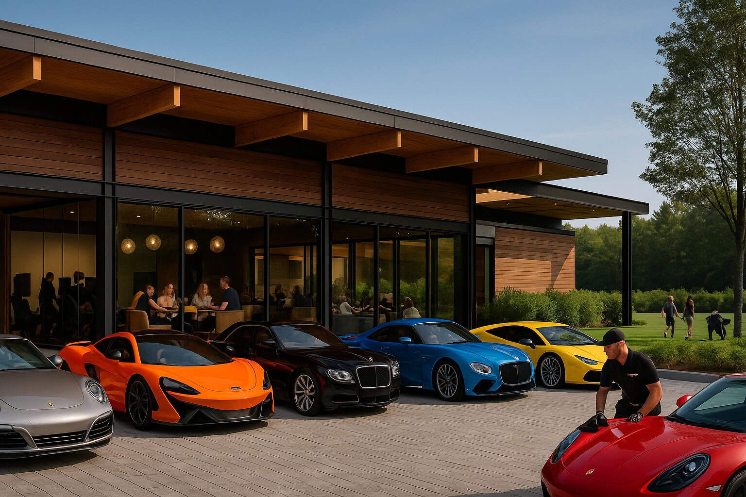 Illustrative concept rendering, not built: private automotive member club with climate-controlled vehicle storage concept for 3187 Stouffville Road