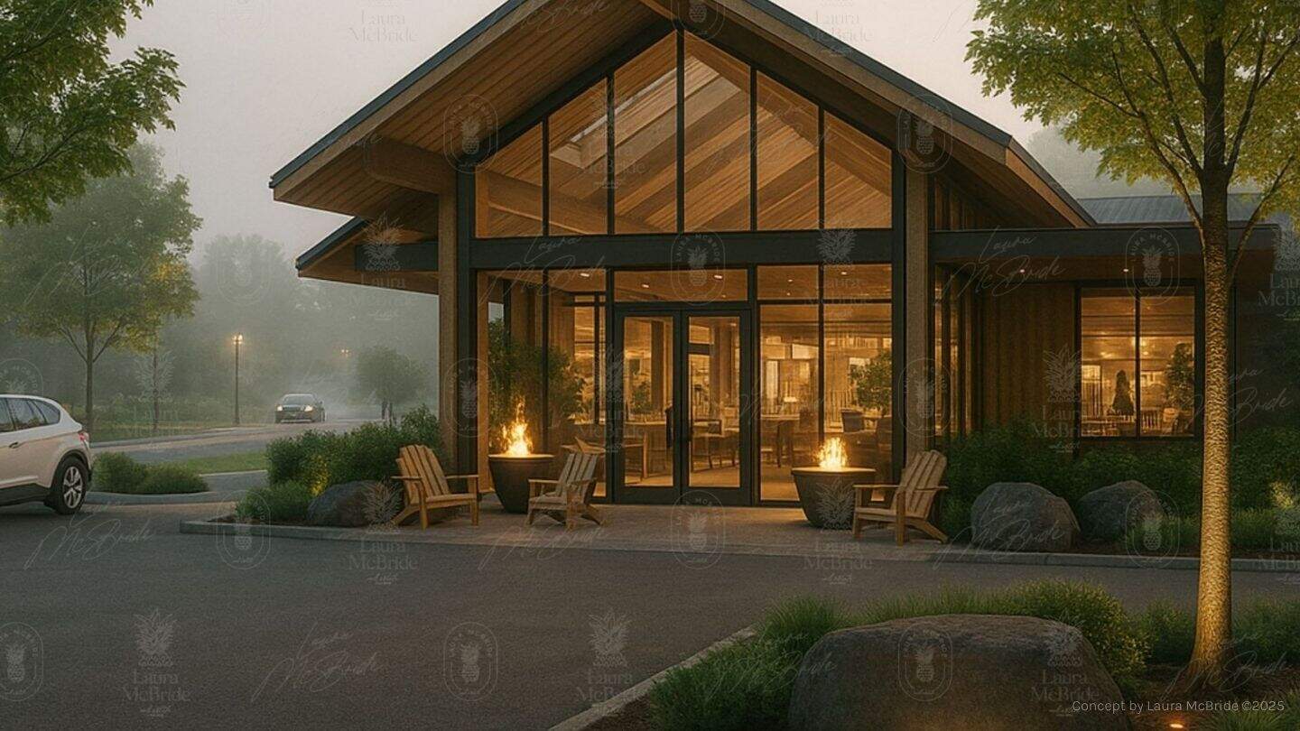 Illustrative concept rendering, not built: low-impact wellness retreat exterior at dusk concept for 3187 Stouffville Road
