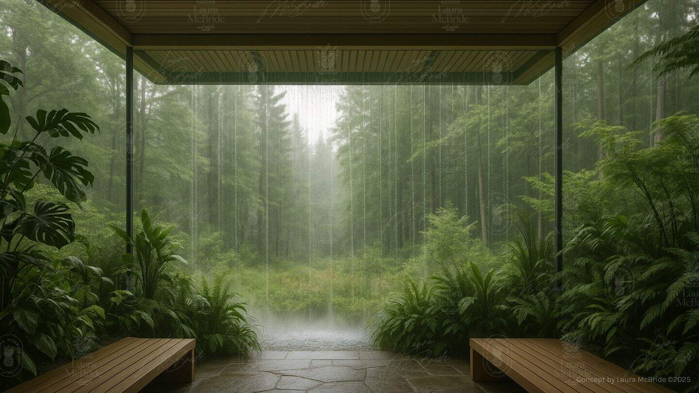 Illustrative concept rendering, not built: forest bathing walkway concept for a wellness retreat at 3187 Stouffville Road
