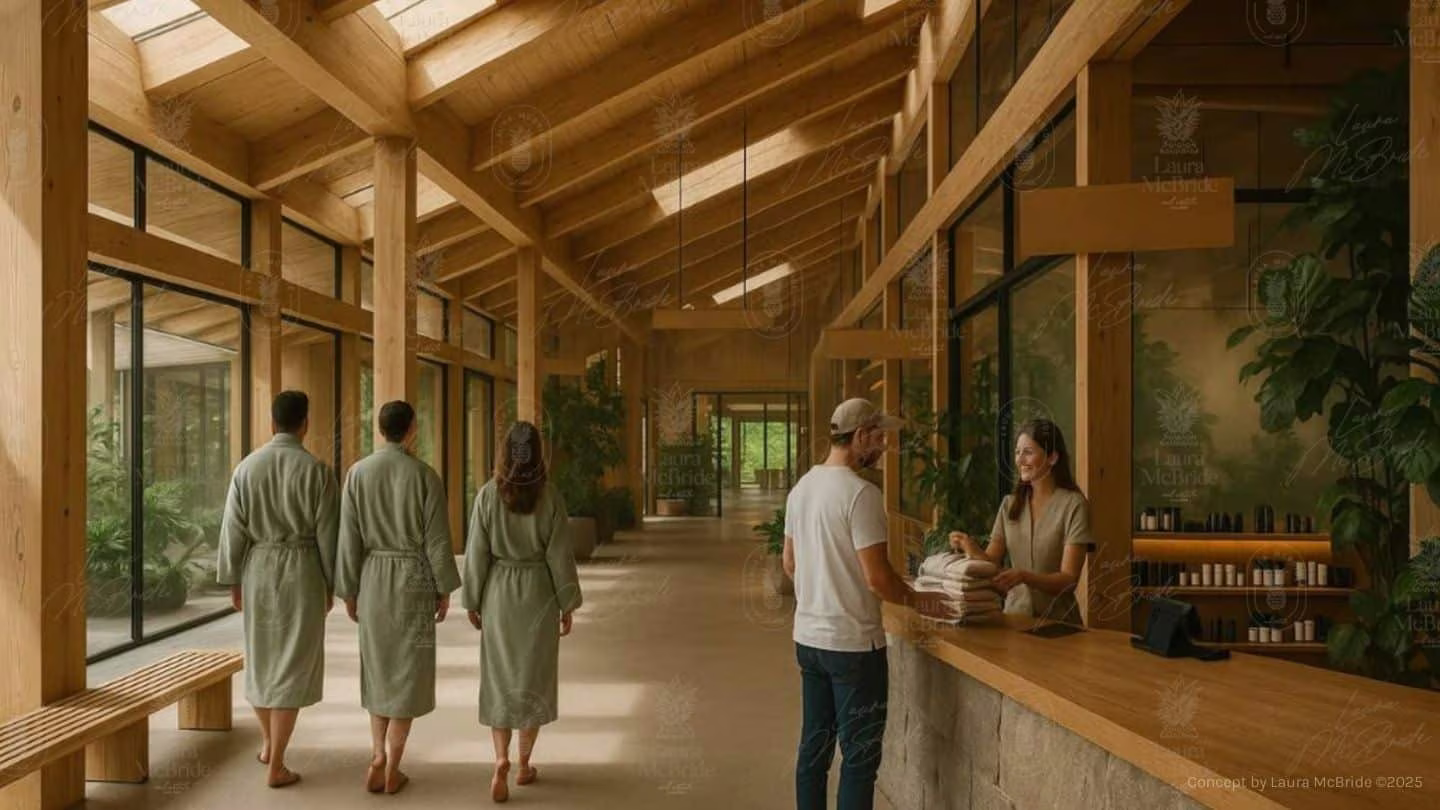 Illustrative concept rendering, not built: wellness retreat interior lounge concept for 3187 Stouffville Road