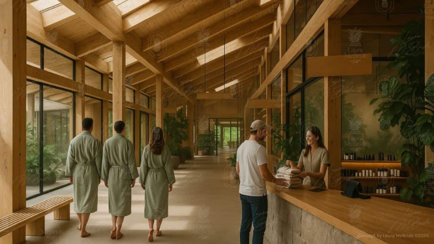 Illustrative concept rendering, not built: wellness retreat interior lounge concept for 3187 Stouffville Road