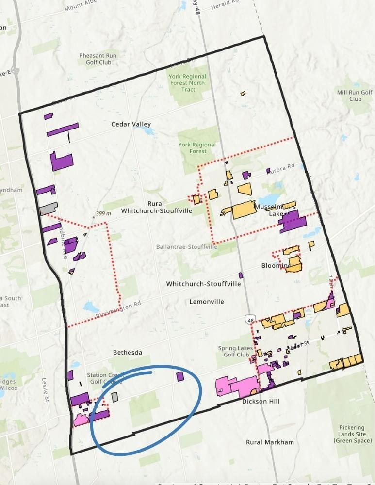 Development and land use map of Whitchurch-Stouffville showing 3187 Stouffville Road's position relative to the urban boundary and York Regional Forest