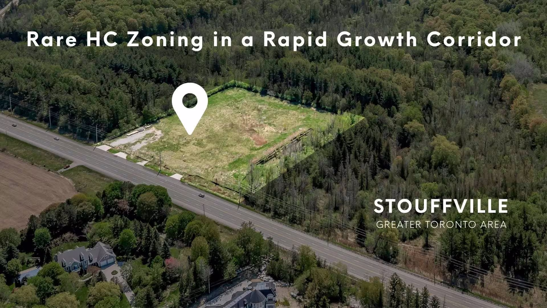 Aerial view of 3187 Stouffville Road, a 4.79-acre Highway Commercial zoned parcel in Whitchurch-Stouffville, York Region, listed by Laura McBride, Ajax REALTOR® with Revel Realty