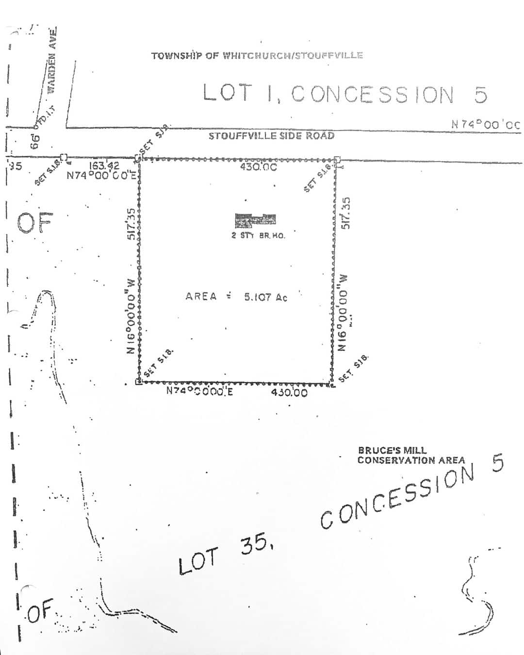 Survey plan of 3187 Stouffville Road, Lot 1, Concession 5, Township of Whitchurch-Stouffville, adjacent to Bruce's Mill Conservation Area